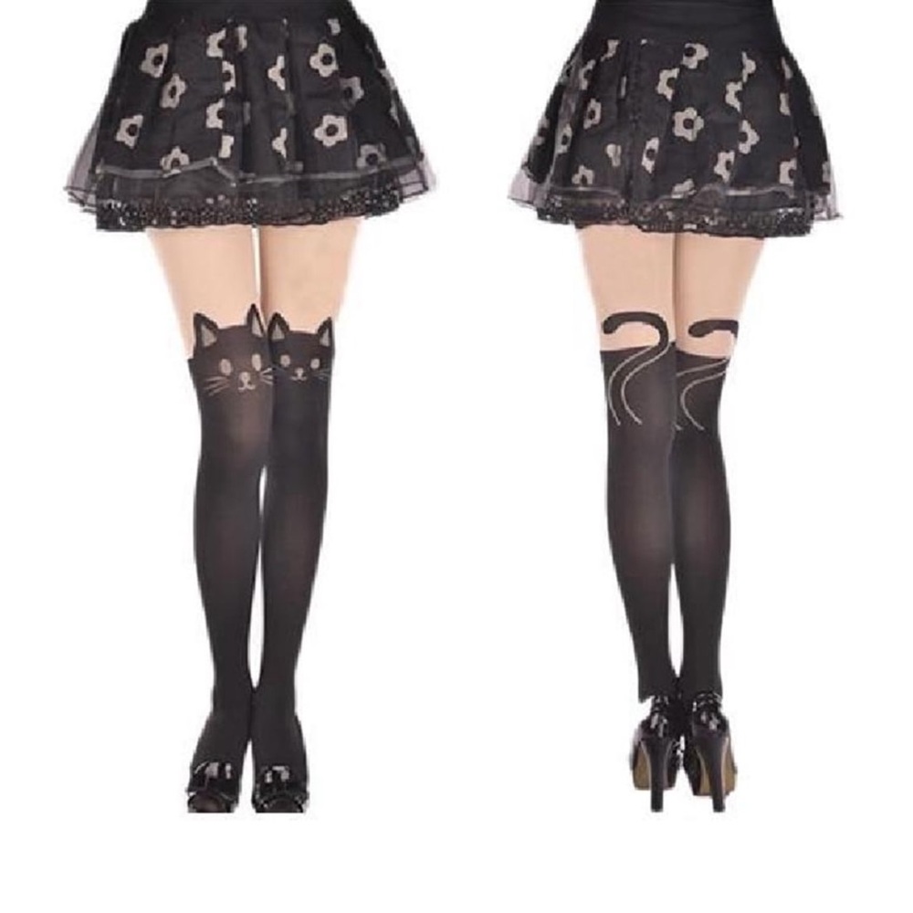 HOT TOPIC cat print hosiery tights black stockings pantyhose pattern costume tan - Picture 6 of 7